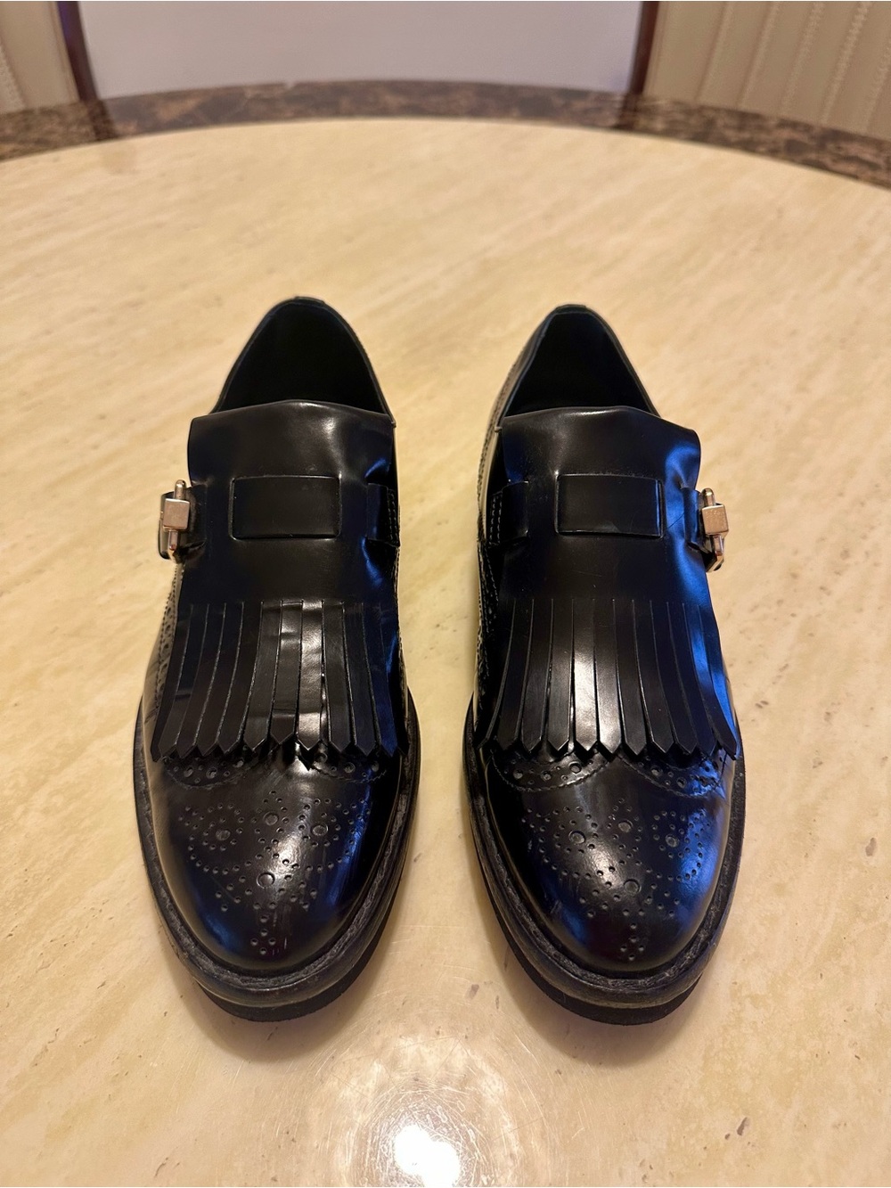 Tod's Black Leather Fringe Kiltie Loafers Size 7